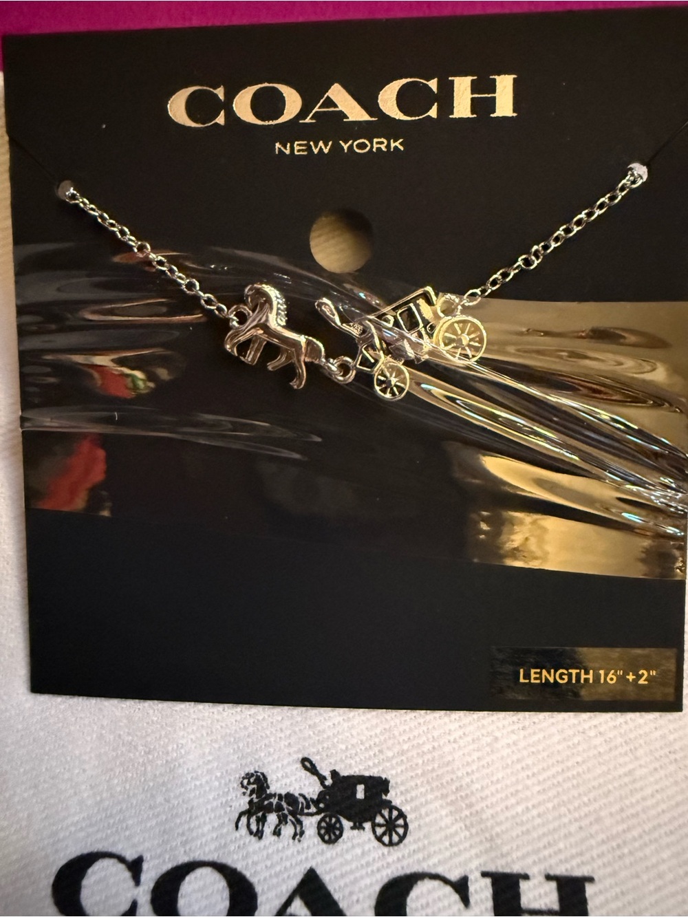 Coach Silver Tone Horse & Carriage Pendant Necklace